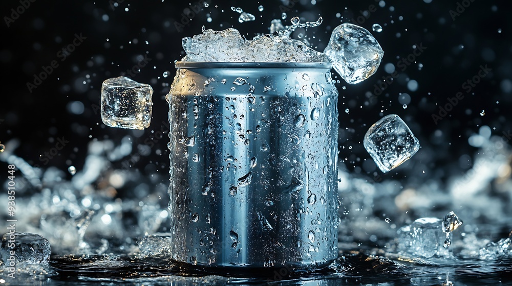 Poster empty aluminium can mockup with flying ice cubes and splash isolated on black background : generativ