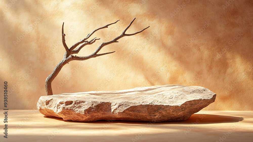 Poster empty stone podium with lights and shadows on brown background minimal backdrop round natural rock a