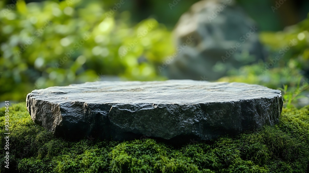 Poster stone podium above green moss surface for design products mockup background backdrop for displaying 