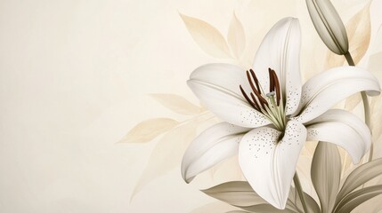 Fototapeta premium Elegant Floral Invitation Design with White Lily and Gold Accents on Minimalist Background