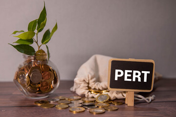 pert text on craft colored notepad and green plant on the dark background.