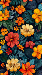 A colorful floral pattern with orange and yellow flowers