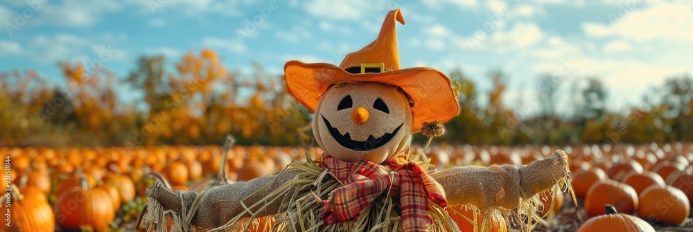 Canvas Prints Playful scarecrow standing in a field of pumpkins.