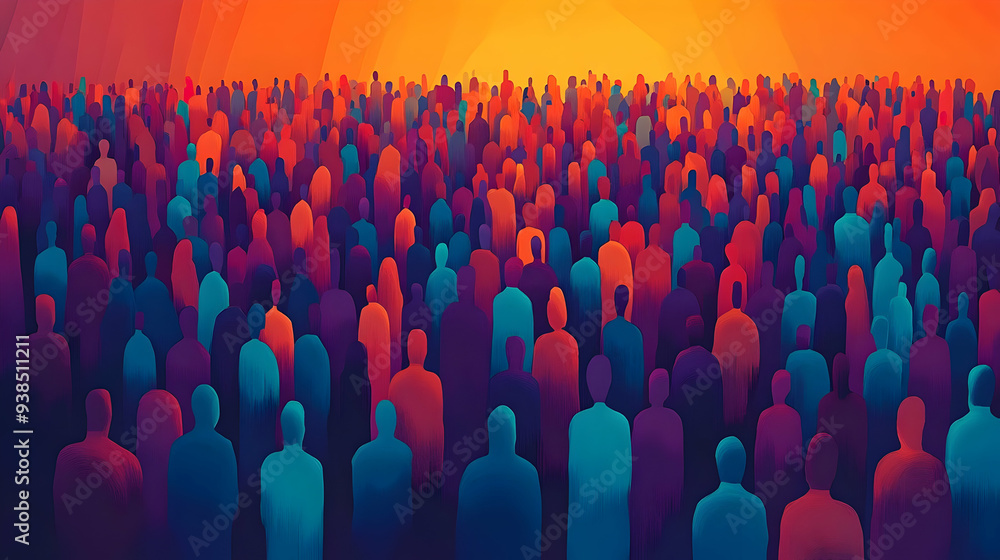 Poster a large crowd of people in an abstract style with a vibrant orange and blue color scheme.