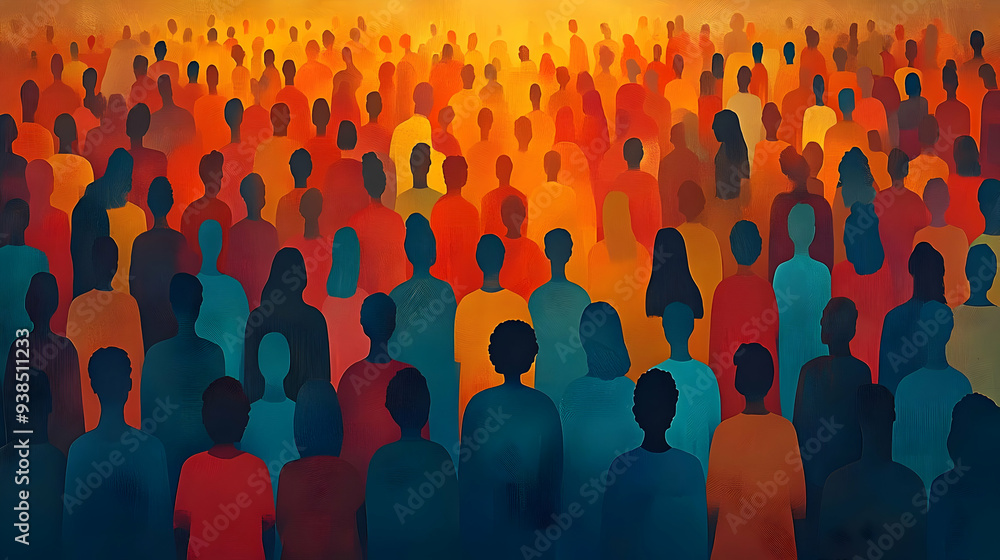 Poster a large crowd of people is depicted in a colorful abstract painting style, with a warm yellow backgr