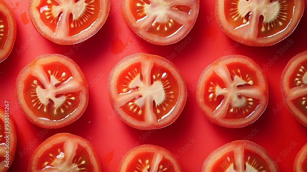 Poster seamless pattern from slices of ripe tomatoes on a red background : generative ai