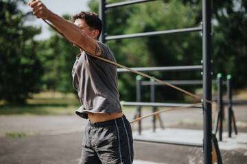 Young man practicing calisthenics workout using resistance bands at an outdoor park facility on a...