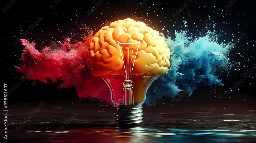 Poster a lightbulb in the shape of a brain with colored powder exploding around it.
