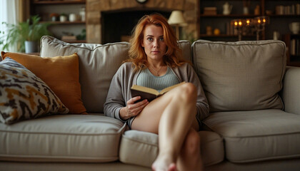 woman on sofa reading book