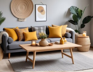 The stylish boho compostion at living room interior with design gray sofa, wooden coffee table, commode and elegant personal accessories. Honey yellow pillow and plaid. Cozy apartment. Home decor