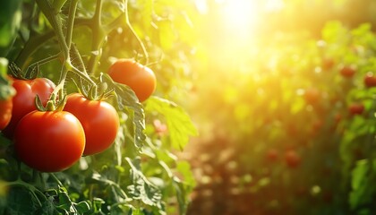 Vegetable Garden with Ripe Tomatoes on the Vine in Bright Sunlight