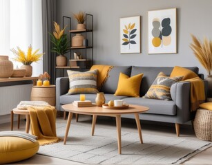 The stylish boho compostion at living room interior with design gray sofa, wooden coffee table, commode and elegant personal accessories. Honey yellow pillow and plaid. Cozy apartment. Home decor