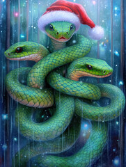 Fototapeta premium A family of cute green snakes in Santa Claus hats wish you a Merry Christmas and a Happy New Year