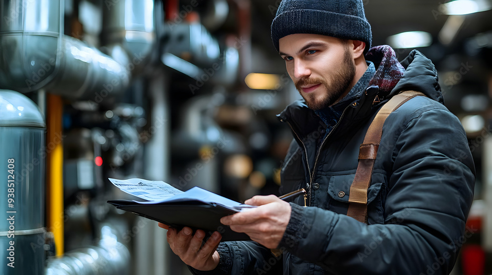Poster a man in a black jacket and beanie hat is looking at a document. he is standing in an industrial env