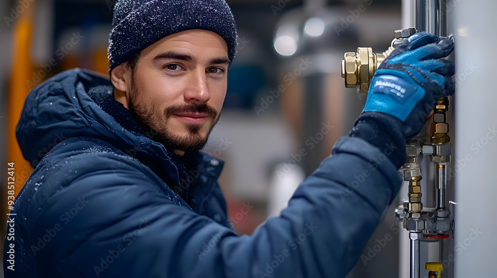 Poster a man in a blue jacket and beanie is working on a pipe system, looking directly at the camera.