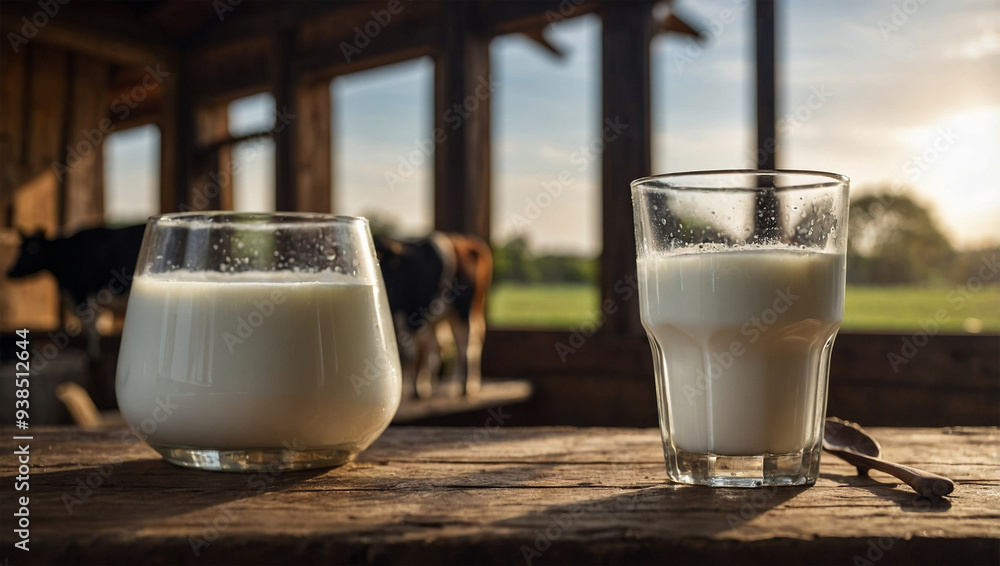 Wall mural glass of fresh milk with condensation, placed on a wooden table with a cow silhouette in the backgro