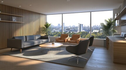 Modern office interior with city view  wooden wall and stylish furniture