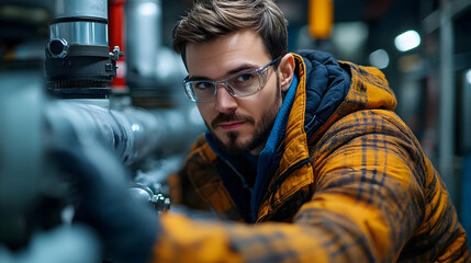 A man in safety glasses and a plaid jacket looks intently at a row of pipes.