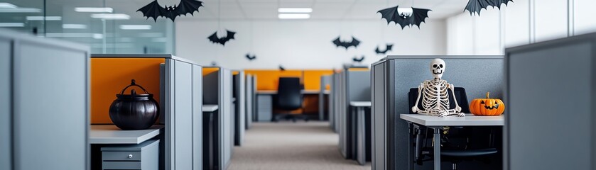 Fototapeta premium A creatively decorated office for Halloween featuring bats, a skeleton, and a pumpkin, blending work with festive spirit.