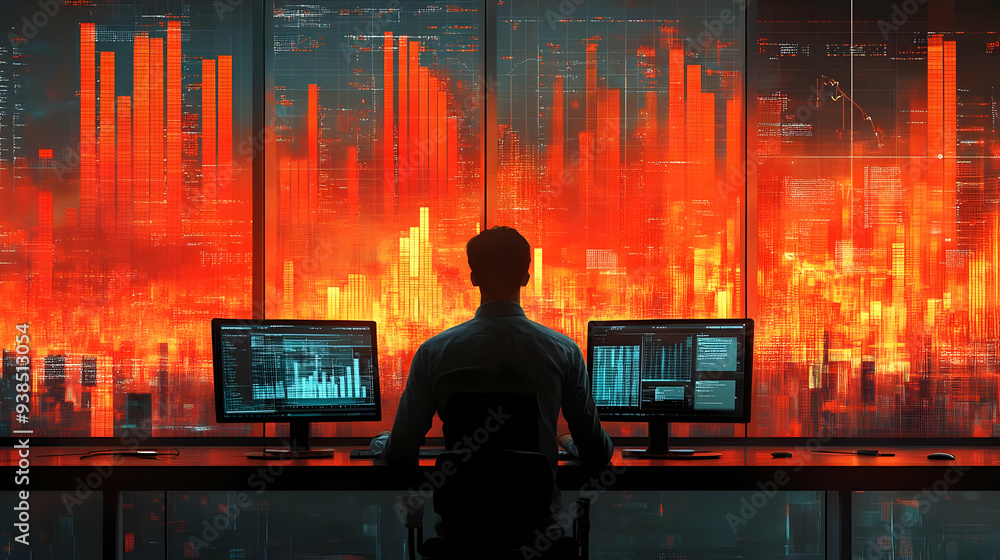 Poster a man sits in front of two computer monitors, staring at a window behind him showing a city skyline 