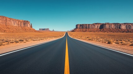 A scenic desert road stretches into the horizon, surrounded by majestic rock formations under a clear blue sky.