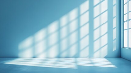 Obraz premium Minimalistic abstract light blue background with shadow and light from windows on the wall product presentation concept : Generative AI