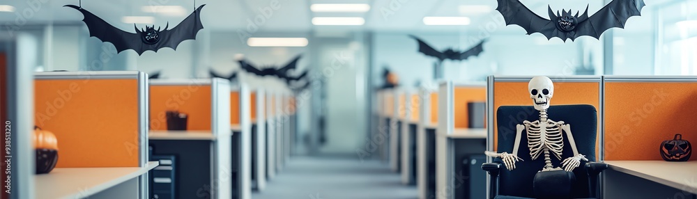 Wall mural a spooky office scene featuring a skeleton sitting among halloween decorations like bats and pumpkin