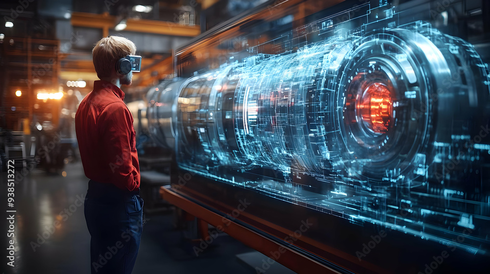 Poster a man wearing vr glasses in a factory looking at a futuristic holographic display showing a complex 