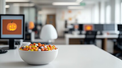 A vibrant bowl of colorful candy sits on a modern office desk, adding a playful touch to the workspace atmosphere.