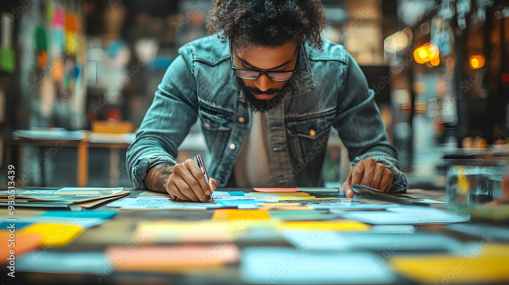 Poster a man with curly hair and a beard leans over a table and writes on a piece of paper. there are color
