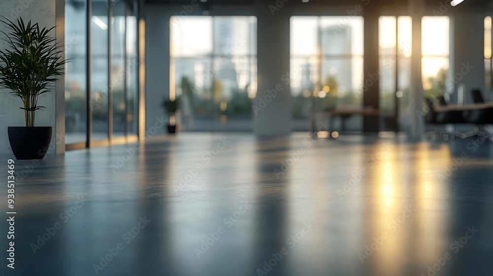 Poster The open space office is empty and dim Abstract light effect on office interior background for design : Generative AI