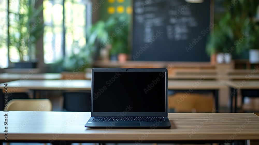 Poster empty classroom with a laptop on teachers desk : generative ai