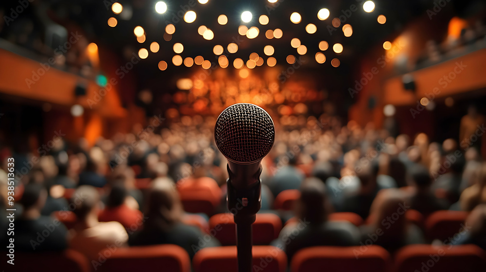 Poster a microphone on a stand in front of a blurry crowd in a theater with red seats.