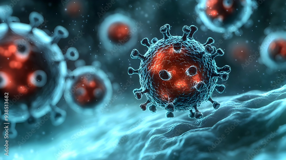 Poster a microscopic image of a virus with a red core and blue spikes.