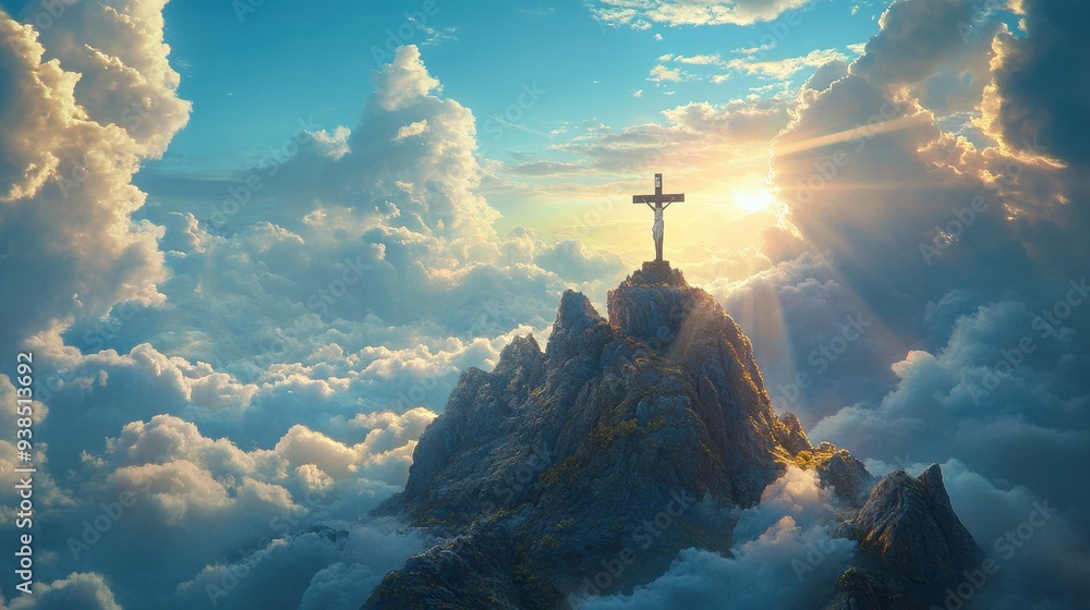 Canvas Prints cross on mountain peak with dramatic clouds and sunset