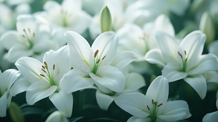 Flowers heads of white lilies Floral mock up Mourning or funeral background : Generative AI