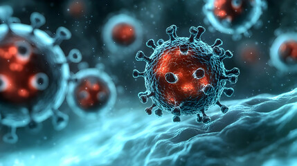 A microscopic image of a virus with a red core and blue spikes.