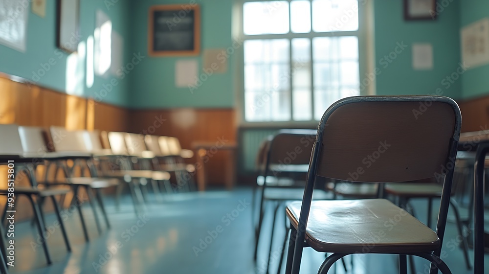 Poster empty classroom with chairs and desks : generative ai