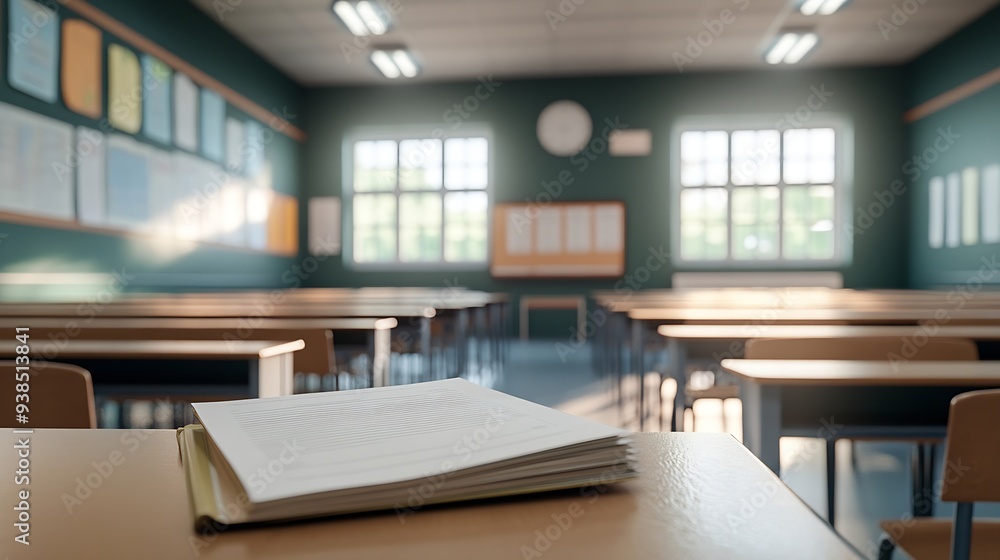 Poster interior of empty classroom with copybook on desk : generative ai