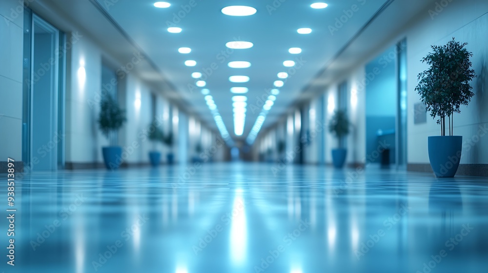 Poster blur background of corridor in clean hospital blurred view of aisle in office with light floor blurr