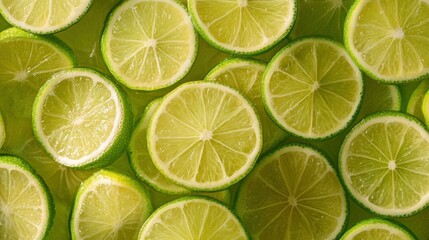 Fresh juicy lime slices as background, top view , ai
