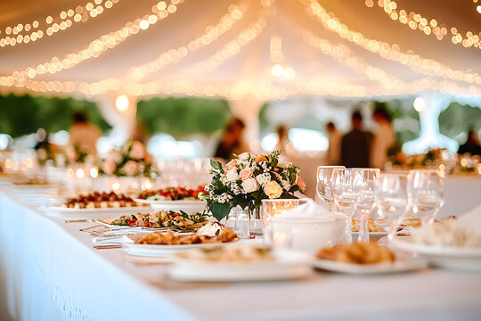 Table de mariage en ext&eacute;rieur dans le jardin avec guirlandes de lumi&egrave;re sous chapiteau