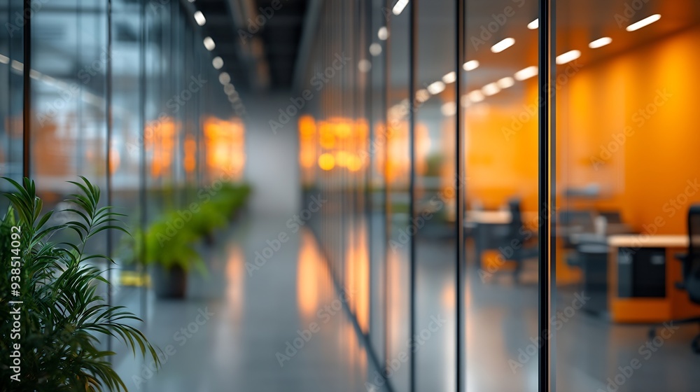 Poster beautiful blurred background of a modern office interior in gray tones with panoramic windows glass 