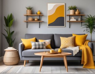 The stylish boho compostion at living room interior with design gray sofa, wooden coffee table, commode and elegant personal accessories. Honey yellow pillow and plaid. Cozy apartment. Home decor