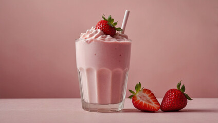 Glass of pink strawberry milk with fresh strawberry slices on top, placed on a pastel-colored background.