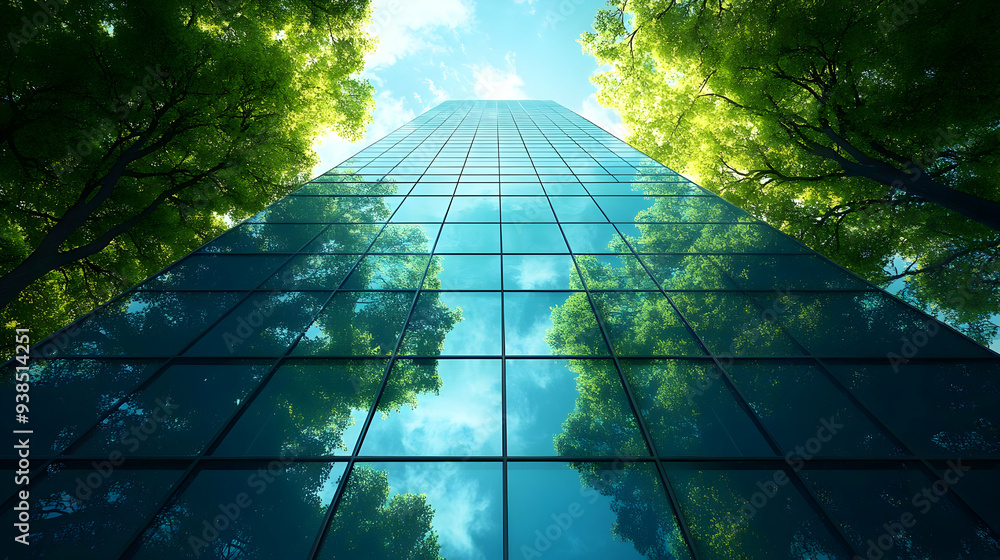 Poster A modern glass skyscraper with trees reflected in the windows.