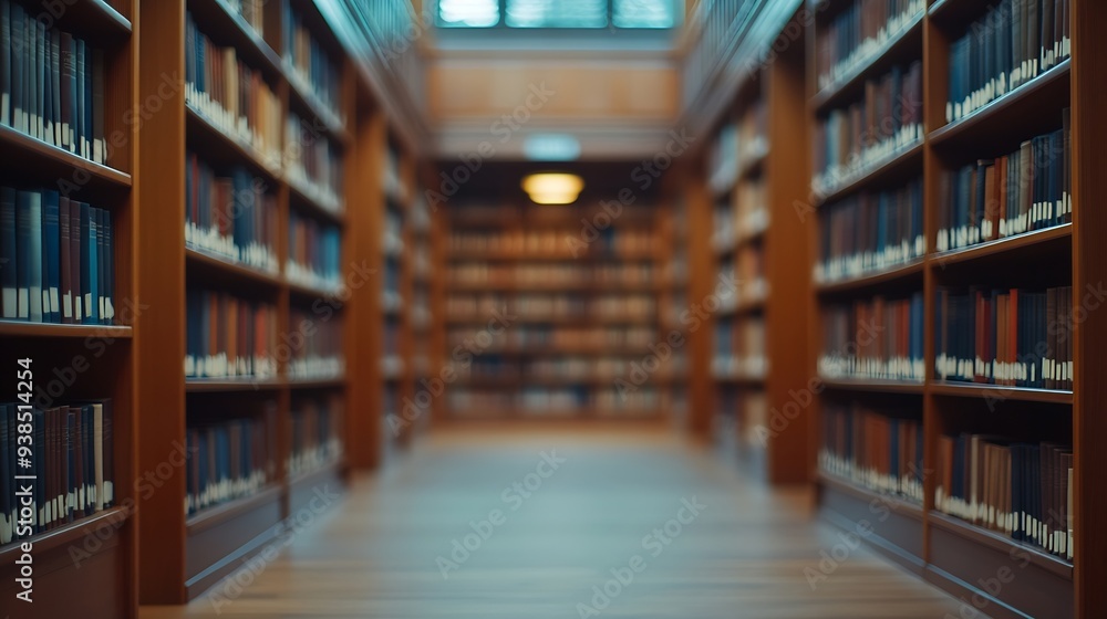 Fototapete Abstract blurred public library interior space blurry room with bookshelves by defocused effect use for background or backdrop in business or education concepts : Generative AI