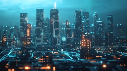 A futuristic cityscape powered by AI, with glowing circuit lines running through buildings, symbolizing advanced technology