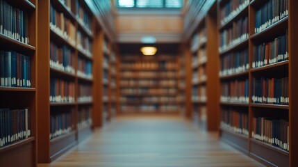 Abstract blurred public library interior space blurry room with bookshelves by defocused effect use for background or backdrop in business or education concepts : Generative AI
