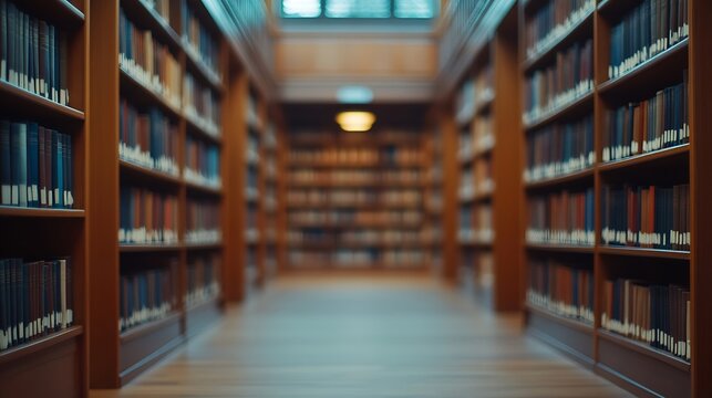Abstract blurred public library interior space blurry room with bookshelves by defocused effect use for background or backdrop in business or education concepts : Generative AI